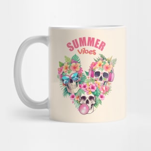 Three Tropical skull head with sunglasses,bubble gum balloon and headphones, leaves and flowers Mug